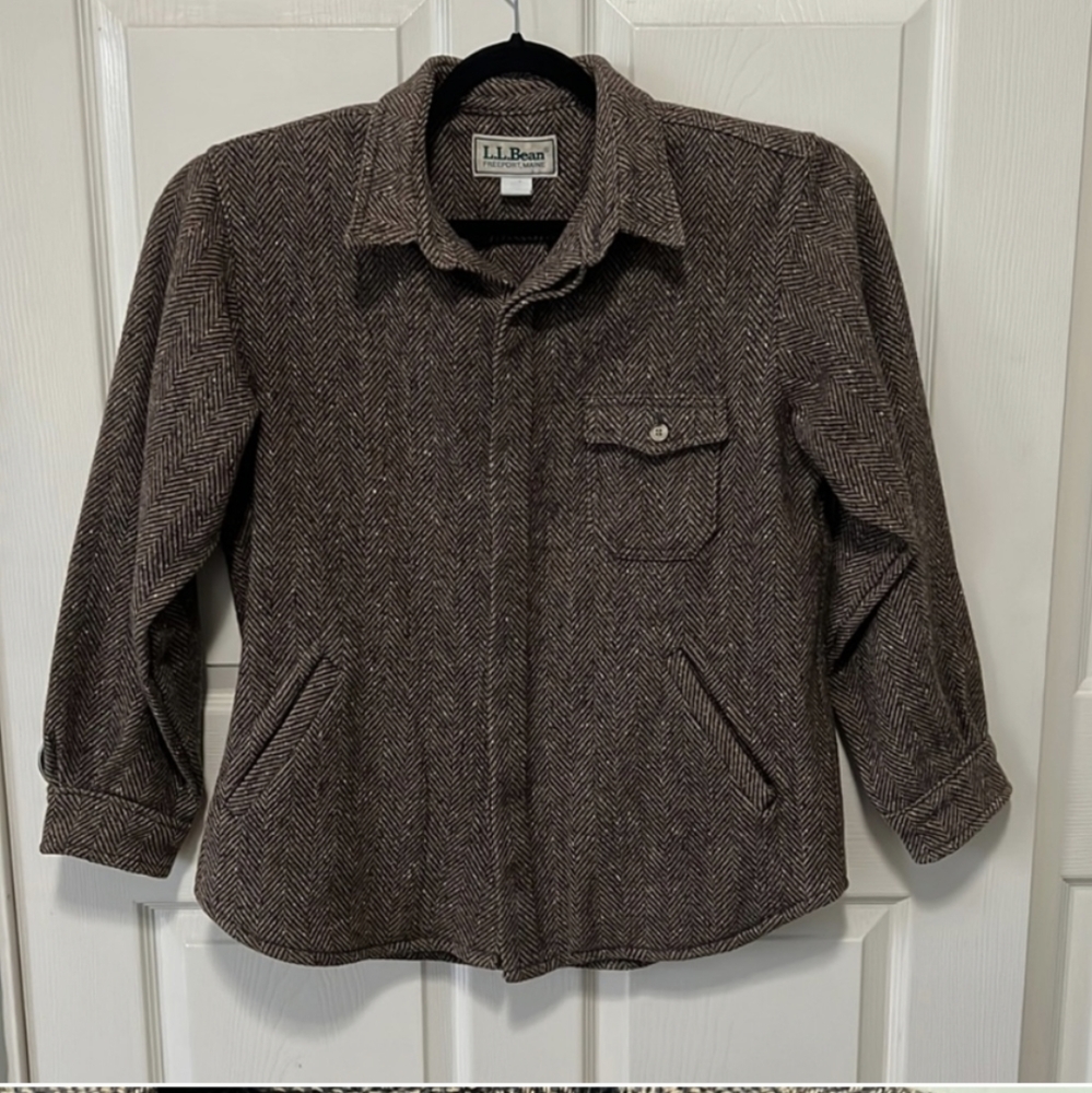 Vintage LL Bean Herringbone Wool Fall Camping Shirt Jacket Button Up Made In USA